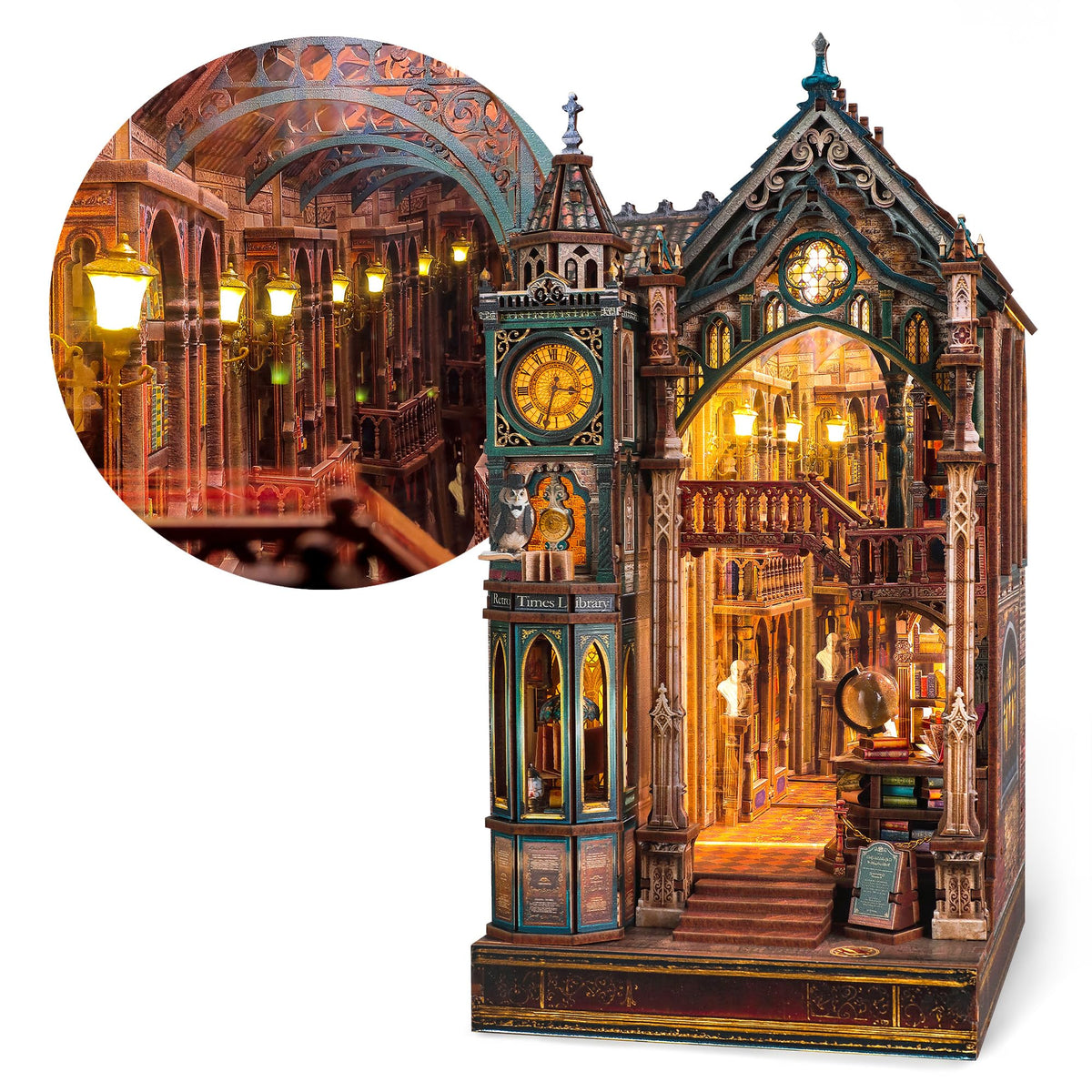 FUNPOLA Magic Library Book Nook Kit – LED 3D Holzpuzzle, Miniatur-Bibliothek aus Holz mit Infinity-Spiegel