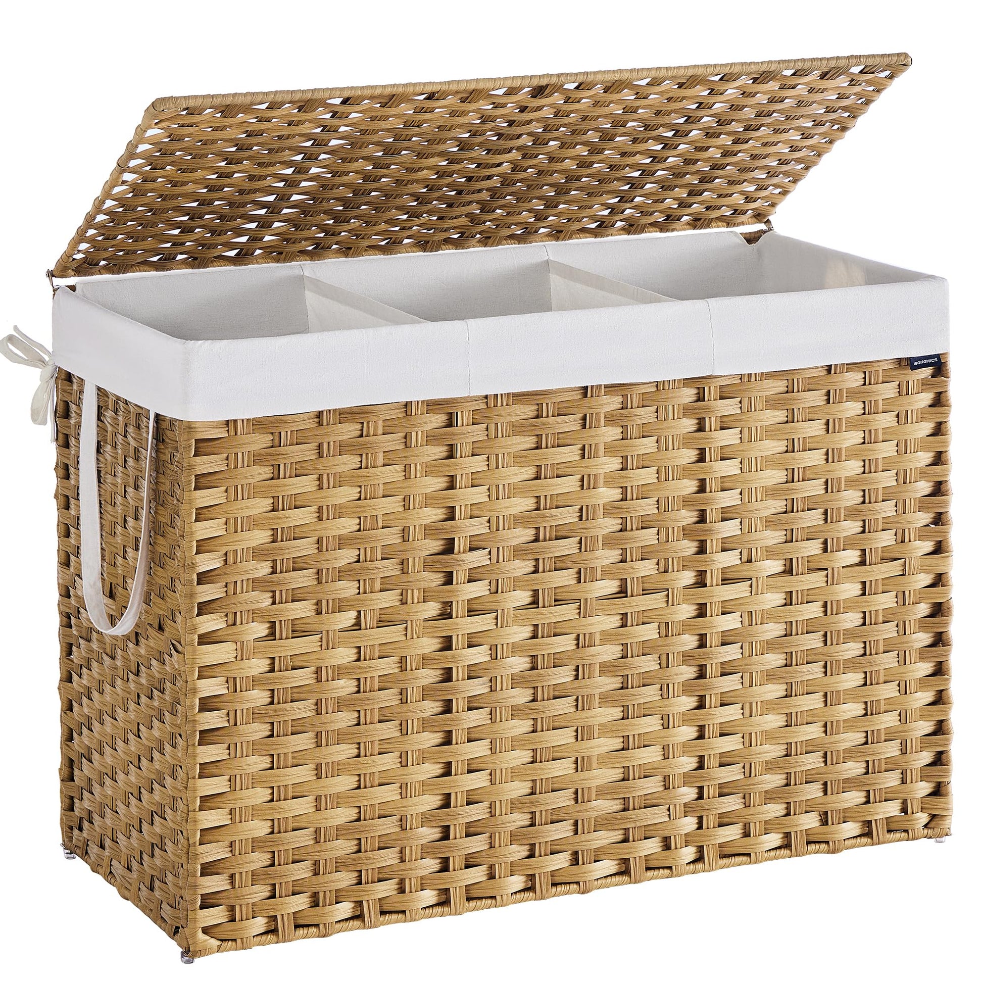 SONGMICS Wäschekorb LCB320Y01 - 3 Fächer, Rattan-Optik, Natur. Zum Sortieren u. Aufbewahren von Wäsche.