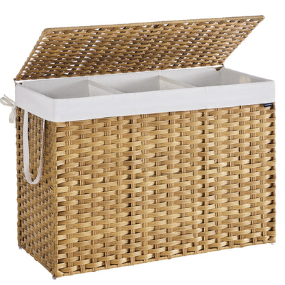 SONGMICS Wäschekorb LCB320Y01 - 3 Fächer, Rattan-Optik, Natur. Zum Sortieren u. Aufbewahren von Wäsche.
