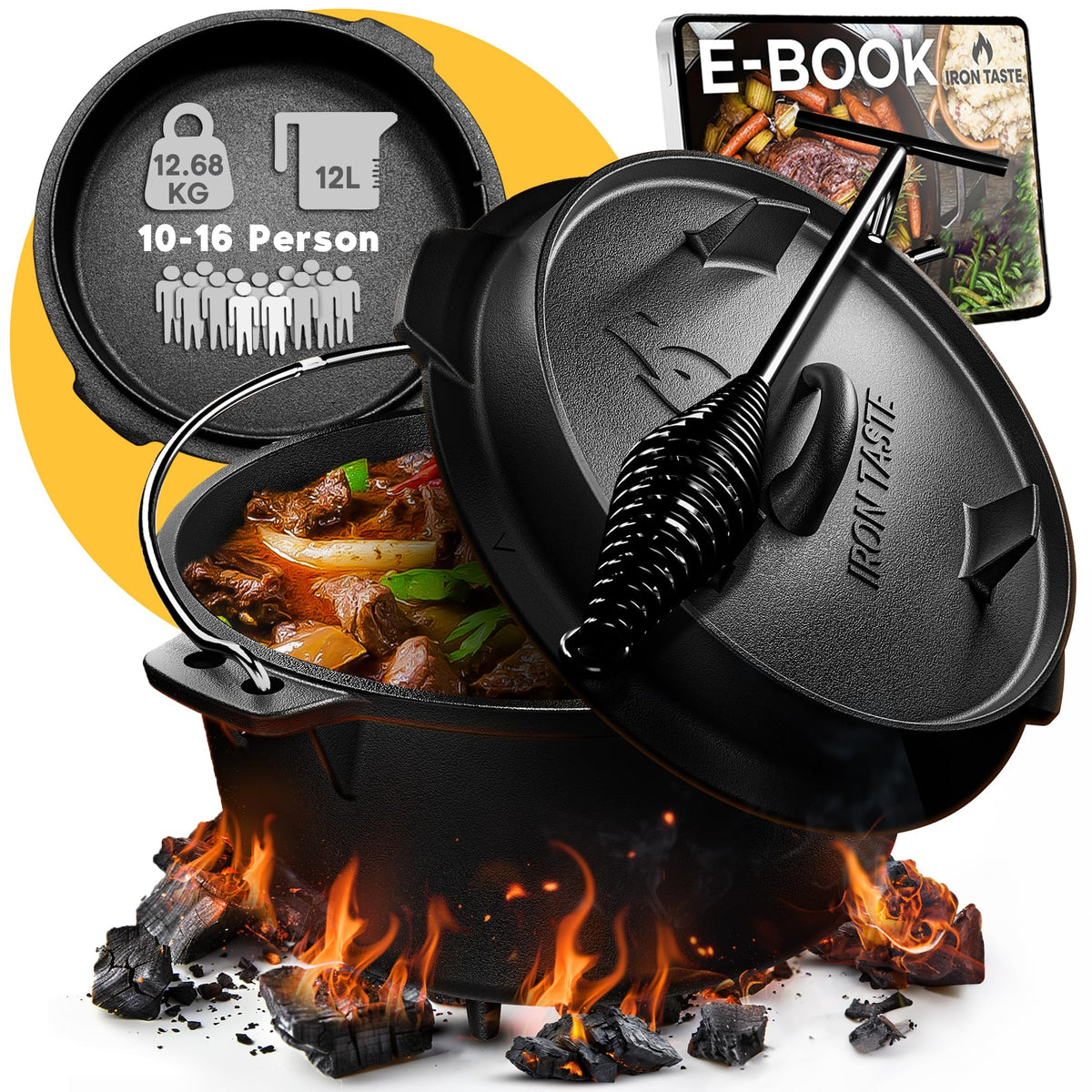 IRON TASTE Dutch Oven Set 12L gusseiserner Feuertopf mit Deckelheber und Standfüssen