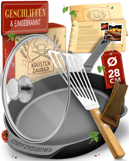KRUSTENZAUBER Gusseisenpfanne Induktion 28cm – Mit Deckel, rund, schwarz. Vielseitig einsetzbar zum Braten und Schmoren.