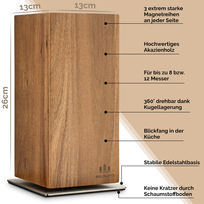 WALDLAND Premium Messerblock magnetisch Akazienholz 360° drehbar – ohne Messer