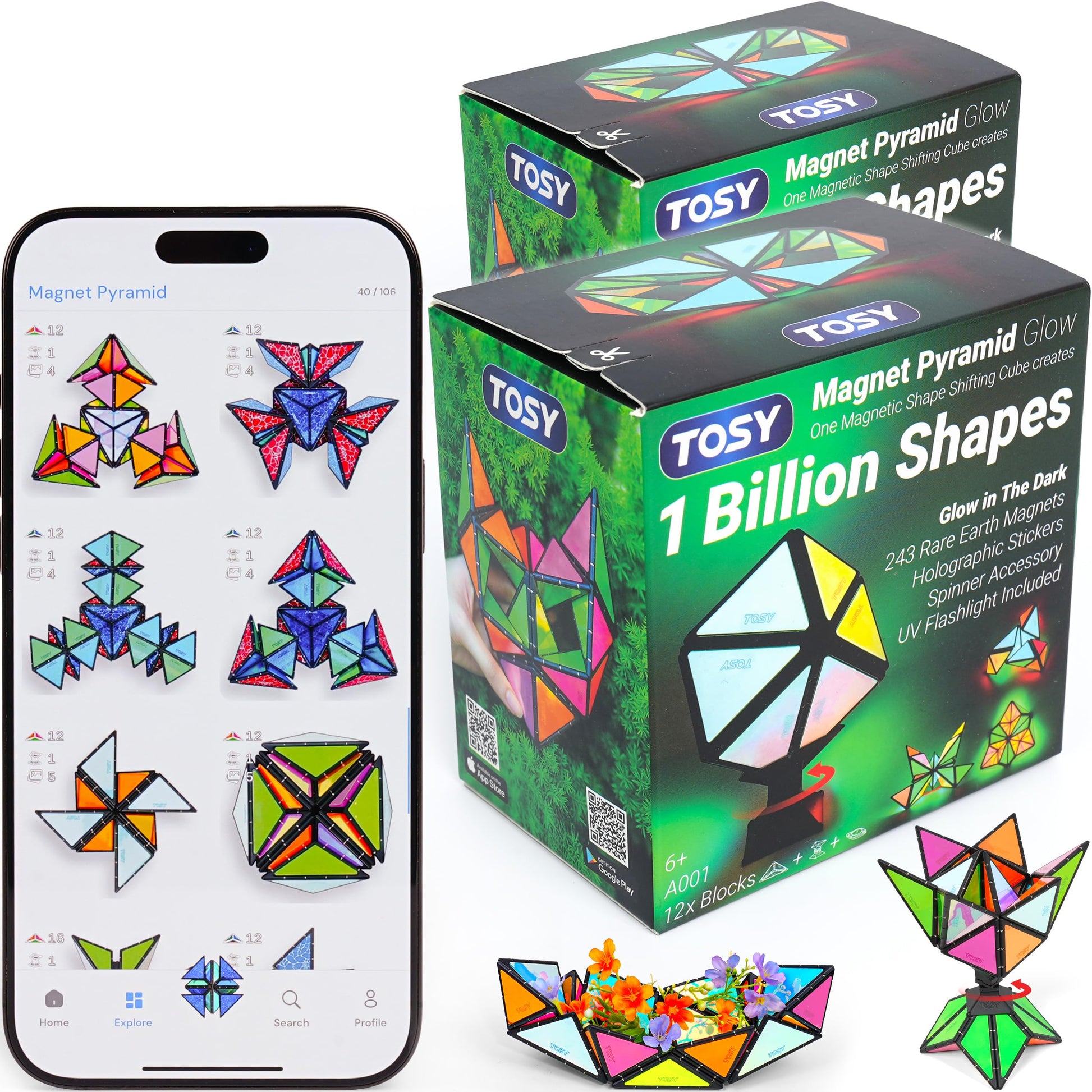 TOSY Magnet Pyramid Glow Zappelpuzzle Spielzeug – 2er-Set. Zwei leuchtende Magnet-Pyramiden zum Formen und Fidgeting.