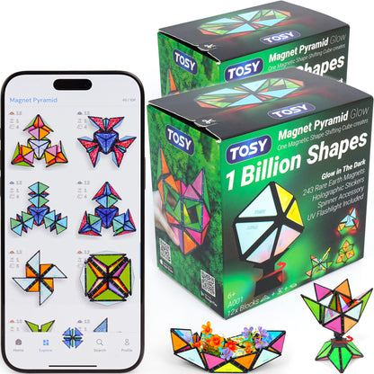 TOSY Magnet Pyramid Glow Zappelpuzzle Spielzeug – 2er-Set. Zwei leuchtende Magnet-Pyramiden zum Formen und Fidgeting.