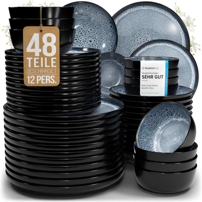 Pure Living Ibiza Steingut Geschirrset 12 Pers. 48tlg. - Rauchblau. Geschirr in Rauchblau zum Servieren & Essen von Speisen.