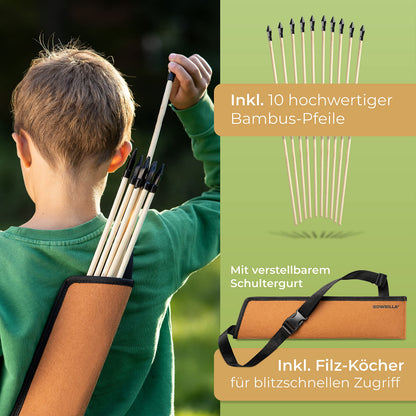 BOWRILLA Pfeil und Bogen Set für Kinder mit 10 Pfeilen und Köcher