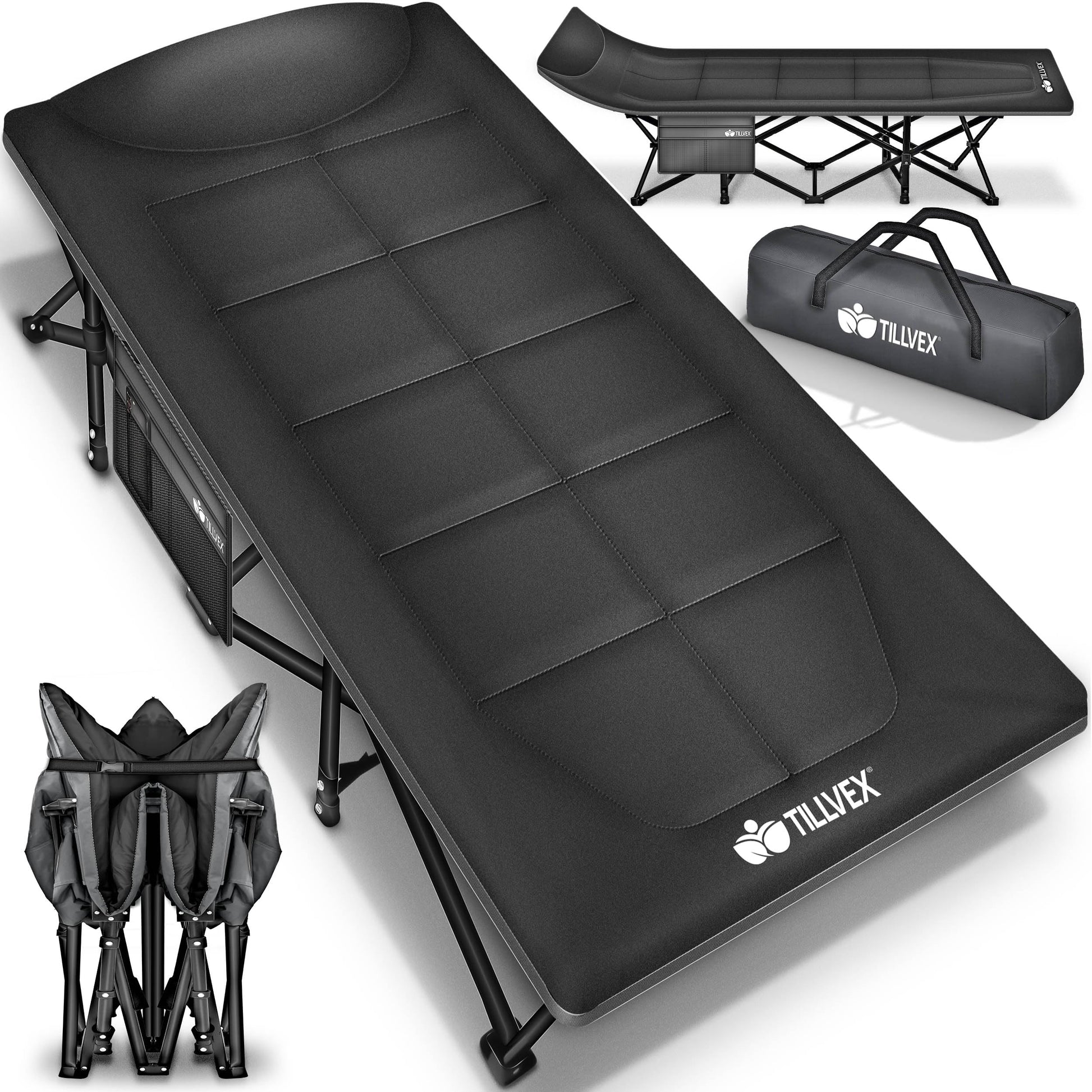 tillvex Campingbett klappbar, extra breit, anthrazitgrau. Dient als transportable Liegefläche für Zelt und Outdoor.