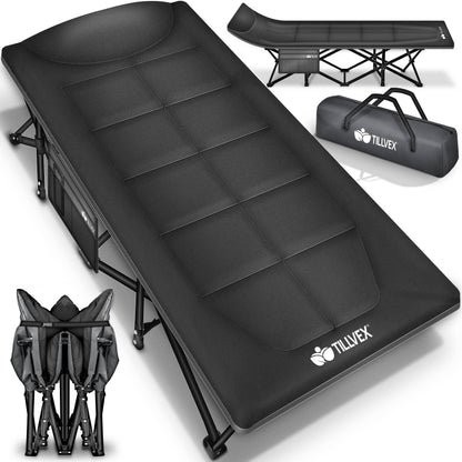tillvex Campingbett klappbar, extra breit, anthrazitgrau. Dient als transportable Liegefläche für Zelt und Outdoor.