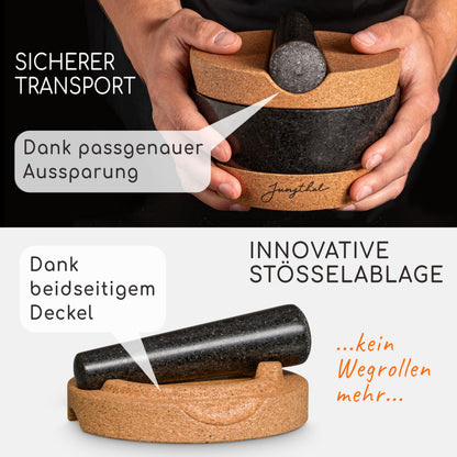 JUNGTHAL Mörser mit Stössel aus Granit mit Korksockel, Ø 16 cm