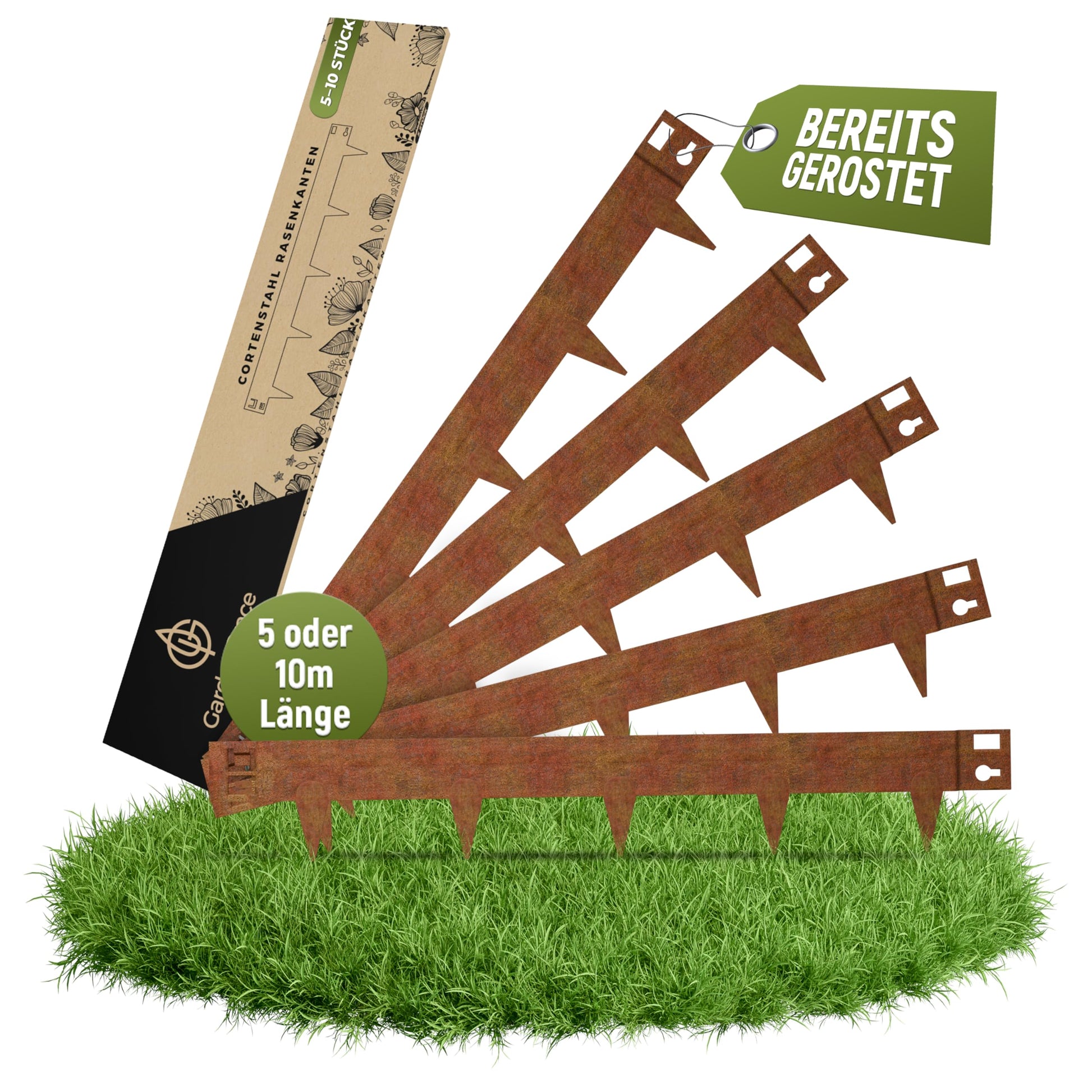 GardenGrace Rasenkante Cortenstahl Beeteinfassung. Lange, rostbraune Cortenstahl-Streifen trennen Rasen und Beete präzise. Für klare Gartengrenzen.