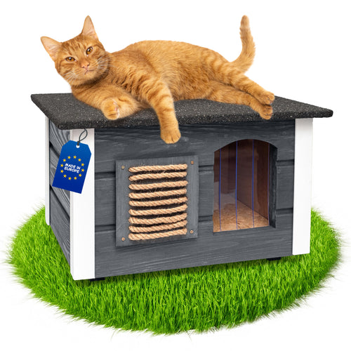 Outentin Katzenhaus Outdoor isoliert – grau 61x39x36cm: Rechteckiges graues Katzenhaus, isoliert für Schutz und Unterschlupf im Freien.