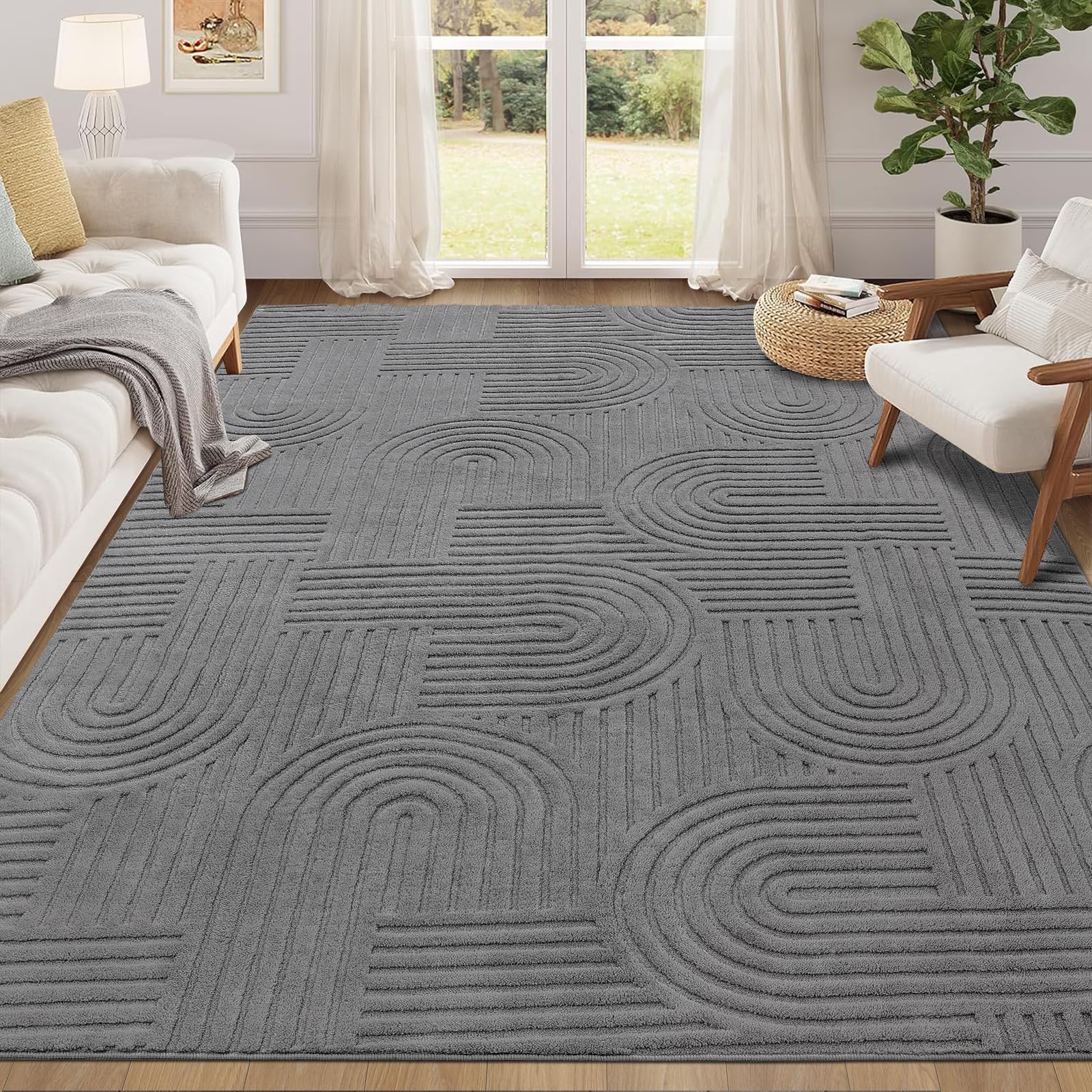 Enyhom Wohnzimmerteppich Kurzflor 160x230cm – Grau. Grauer, rechteckiger Kurzflor-Teppich für das Wohnzimmer.