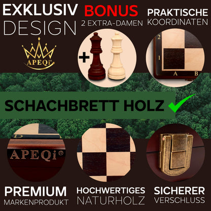 APEQi® Premium Schachspiel Holz – 38x38cm, klappbar, 2 Extra-Damen
