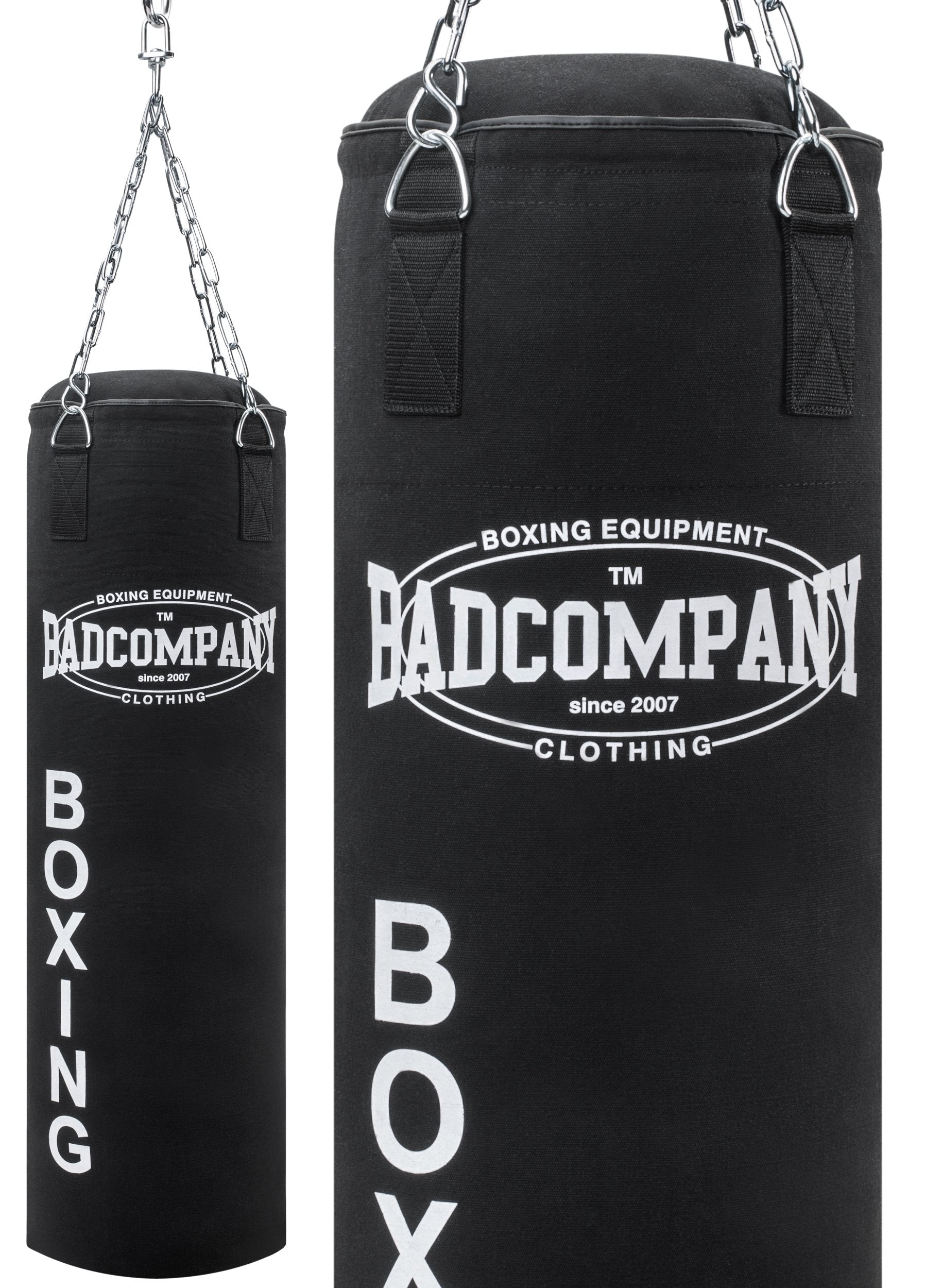Bad Company Boxsack Canvas gefüllt mit Kette – 100x30 cm. Zylindrischer, naturfarbener Canvas-Sack mit Kette. Für Schlag- und Tritttraining.