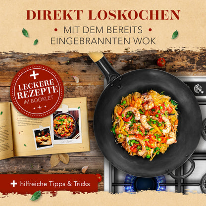 KRUSTENZAUBER 36cm Wokpfanne Induktion Karbonstahl - Voreingebrannt