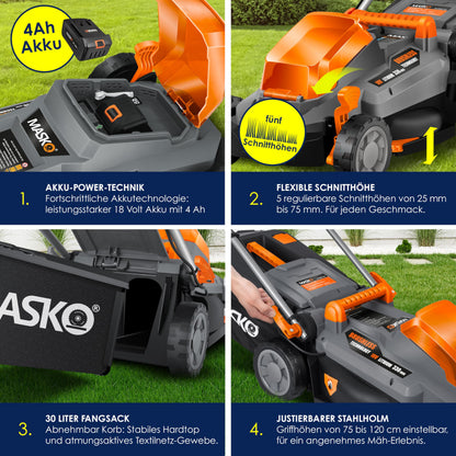 MASKO Akku Rasenmäher Mulch 33cm – inkl. 4Ah Akku Set
