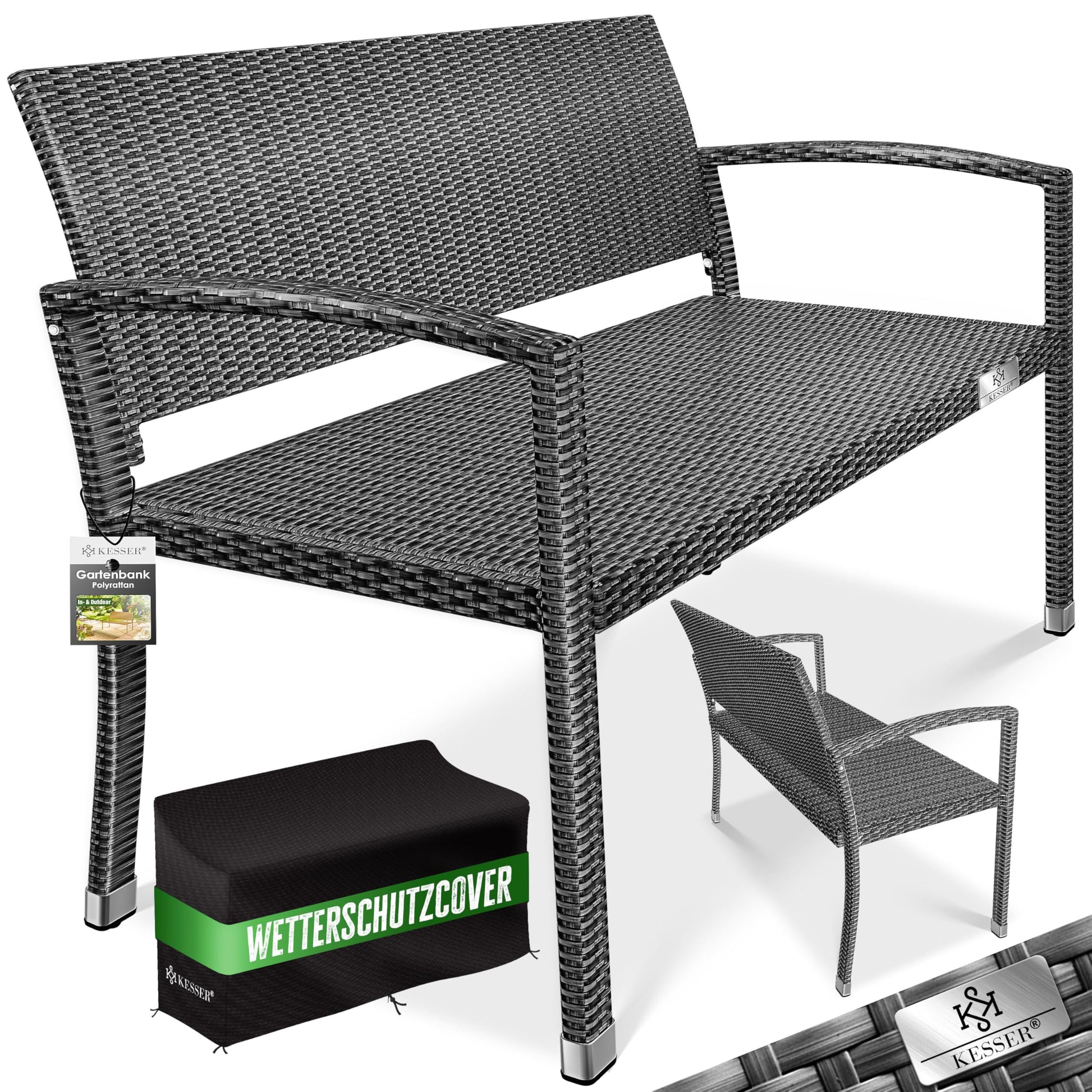 KESSER Gartenbank Polyrattan 2-Sitzer wetterfest - Anthrazit. Anthrazitfarbene 2-Sitzer Polyrattanbank für den Außenbereich.