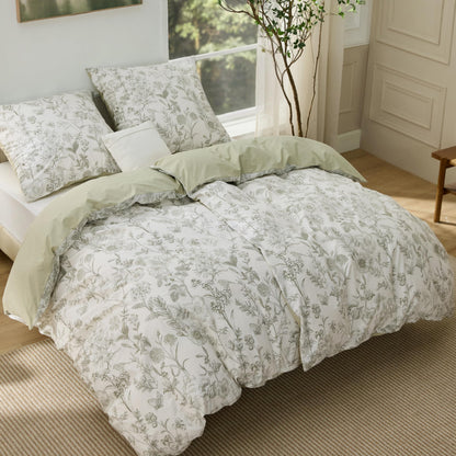 Bedsure Bettwäsche 135x200 4teilig Baumwolle Wendebettwäsche Set, grünes Pflanzenmuster