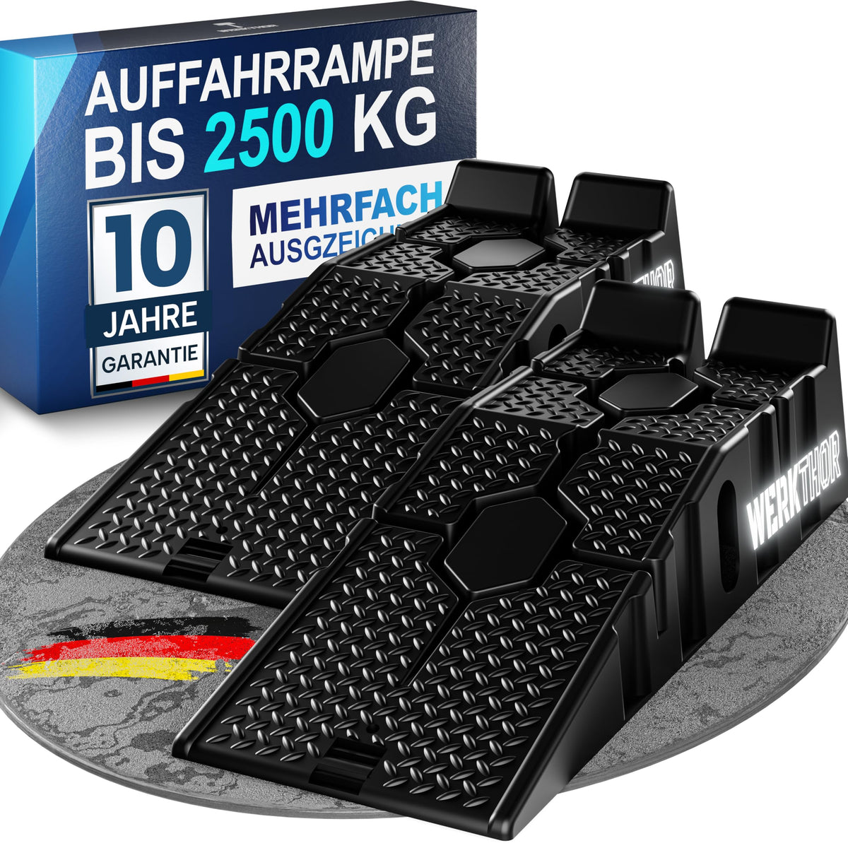 WERKTHOR Auffahrrampe PKW 2er Set, HDPE, bis 2,5 t belastbar – zwei Rampen aus Kunststoff mit rutschfester Oberfläche