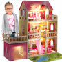 Kinderplay Puppenhaus Holz Villa 3 Etagen – Gross LED 90cm. Holz-Villa, 3 Etagen, 90cm hoch. LED-beleuchtet für Rollenspiele.