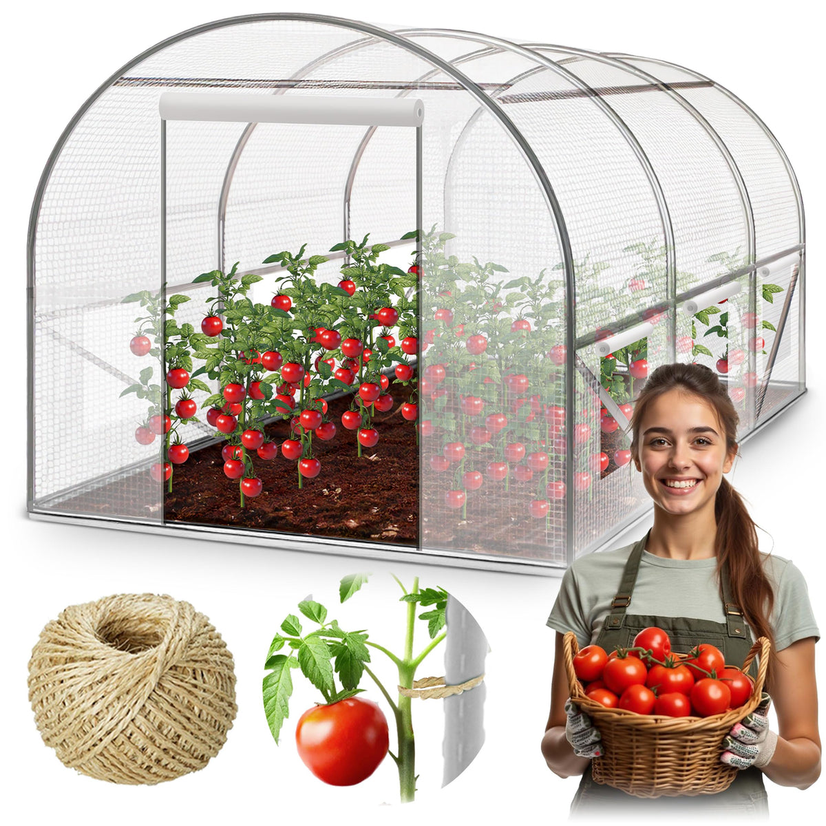 Plonos Gewächshaus Folientunnel 2 x 3,5 m, Stahlrahmen, 7 m² – weisse PE-Folie, 6 Fenster mit Moskitonetz