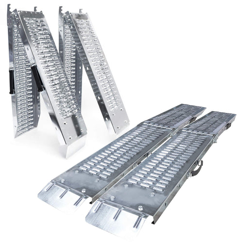 VOUNOT 2x Faltbare Auffahrrampe – 400 kg Tragkraft. Silberne Alurampe, faltbar, zum Verladen von Maschinen oder Fahrzeugen.
