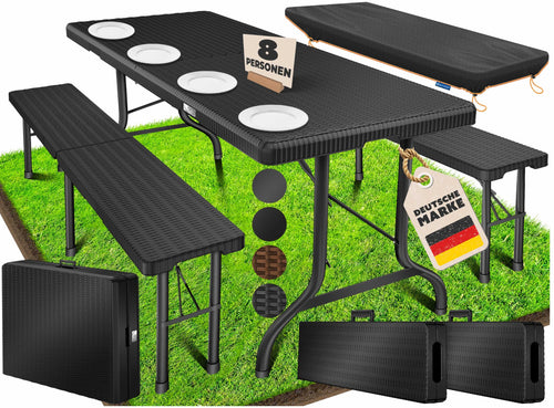 KESSER® Klapp-Bierzeltgarnitur 3-teilig – Rattan-Look 183cm. Klappbar für flexible Sitzgelegenheiten bei Outdoor-Veranstaltungen.