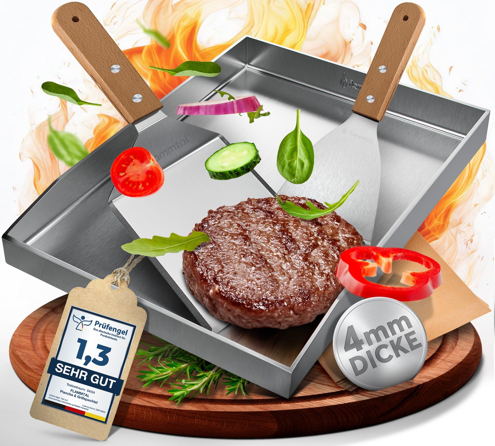 flammtal Grillplatte 4mm Edelstahl Plancha 40x30cm – Set. Flache, silberne Edelstahlplatte zum Braten auf Grill oder Herd.
