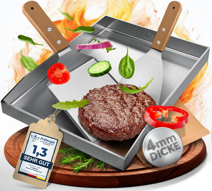 flammtal Grillplatte 4mm Edelstahl Plancha 40x30cm – Set. Flache, silberne Edelstahlplatte zum Braten auf Grill oder Herd.