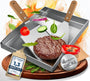 flammtal Grillplatte 4mm Edelstahl Plancha 40x30cm – Set. Flache, silberne Edelstahlplatte zum Braten auf Grill oder Herd.