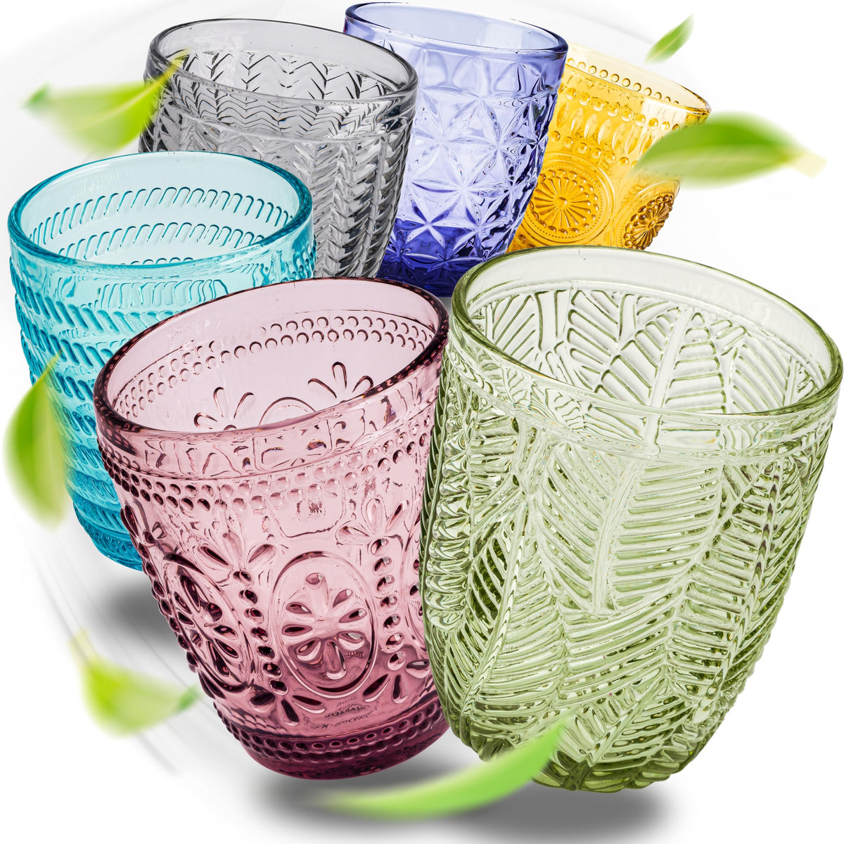 Norqvist Freya Trinkgläser Set bunt, 6er Set Wassergläser 250 ml aus durchgefärbtem Glas mit Diamantstruktur