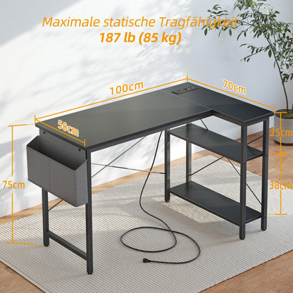 BEXEVUE Eckschreibtisch 100x70 cm Schwarz – Steckdosen, Reversibel