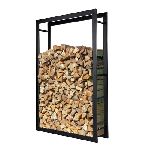 Loywe Kaminholzregal Metall - Schwarz 100x25x150cm (LW1087). Schwarzes, hohes Metallregal zum Lagern von Kaminholz.