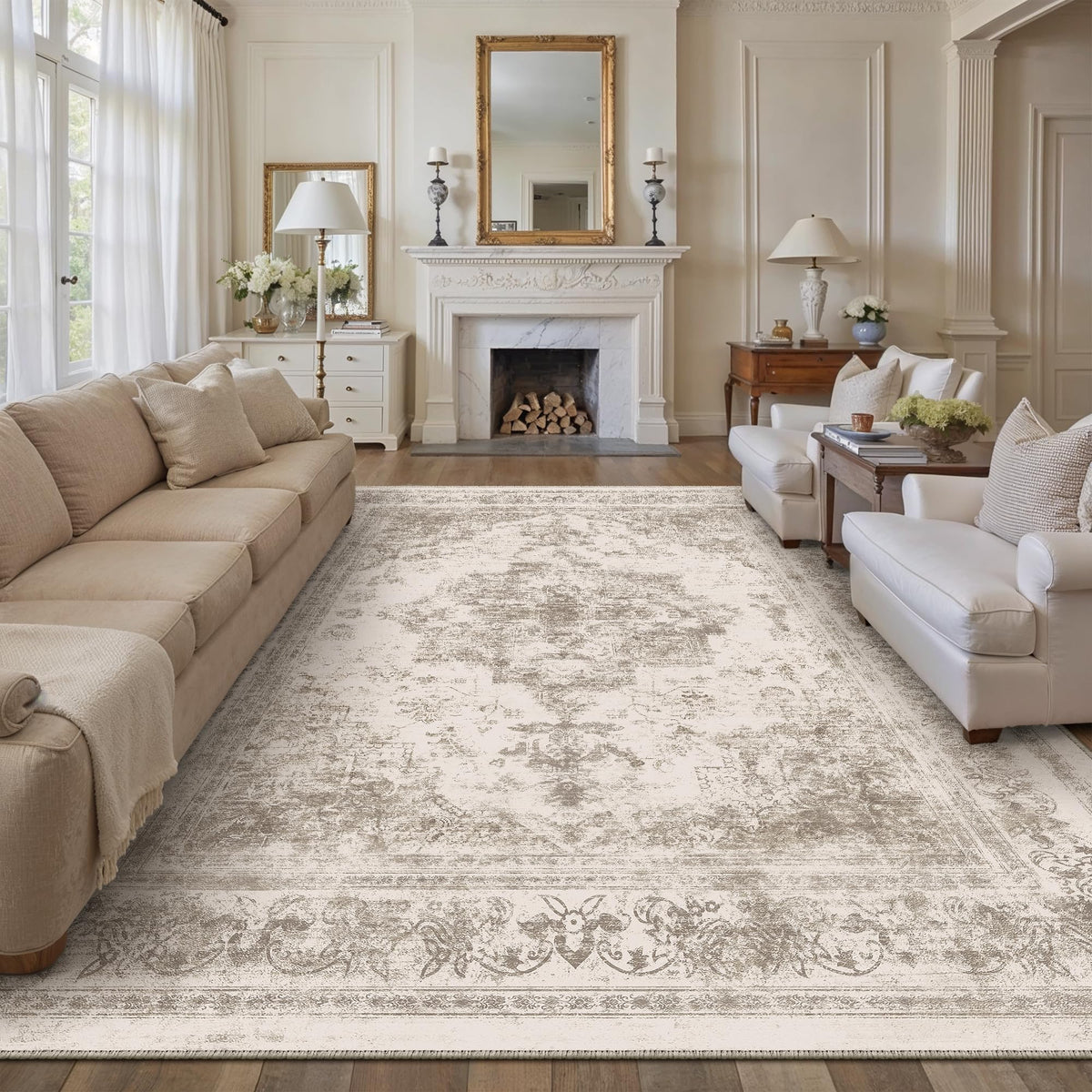 HUGEAR Vintage Teppich Beige 240x300 cm waschbar rutschfest, Kurzflor mit Retro-Muster