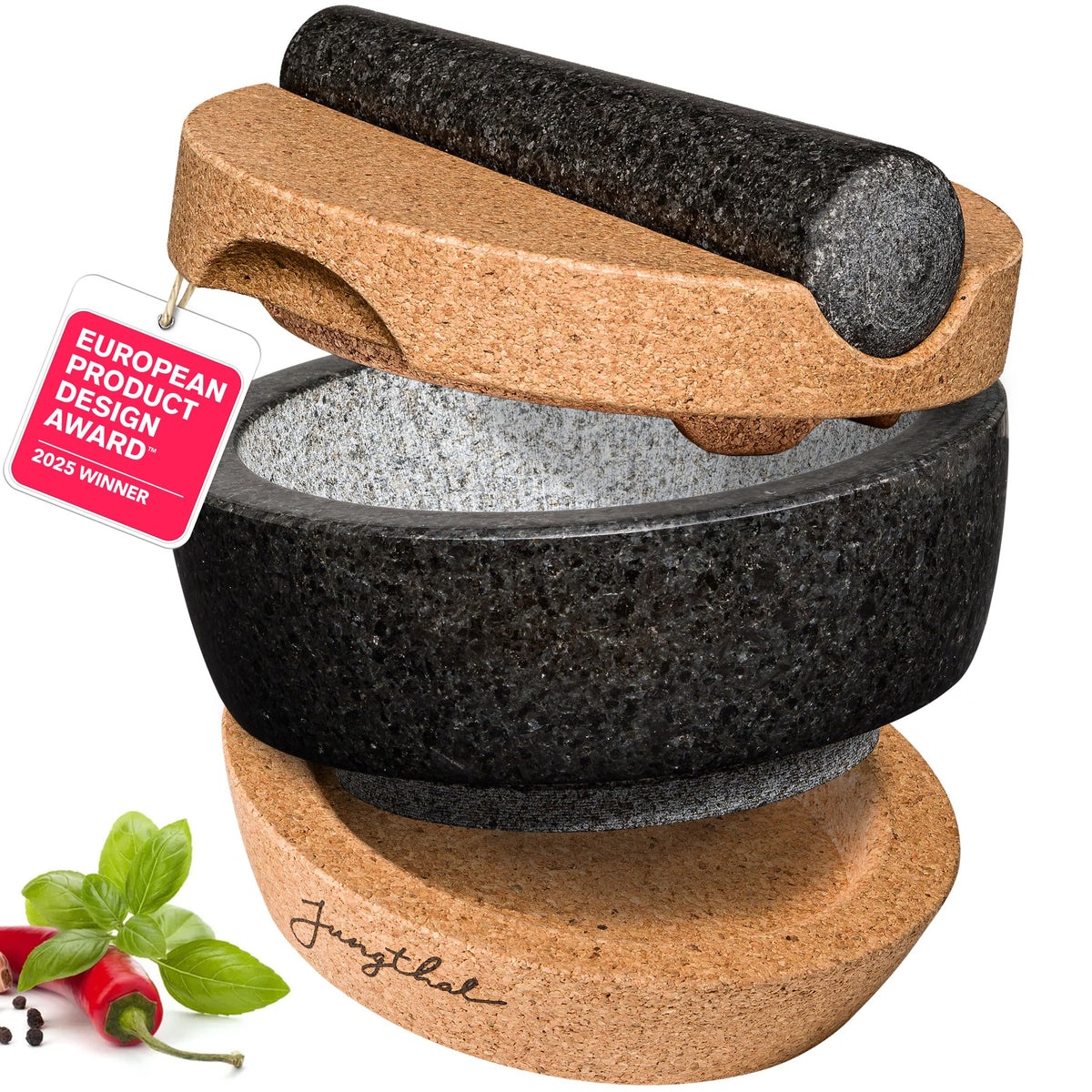 JUNGTHAL Mörser mit Stössel aus Granit mit Korksockel, Ø 16 cm – Set mit Korkdeckel zum Mahlen von Kräutern und Gewürzen