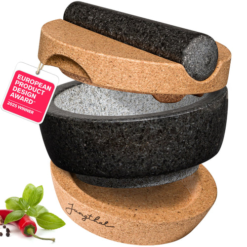 JUNGTHAL Mörser mit Stössel aus Granit mit Korksockel, Ø 16 cm – Set mit Korkdeckel zum Mahlen von Kräutern und Gewürzen