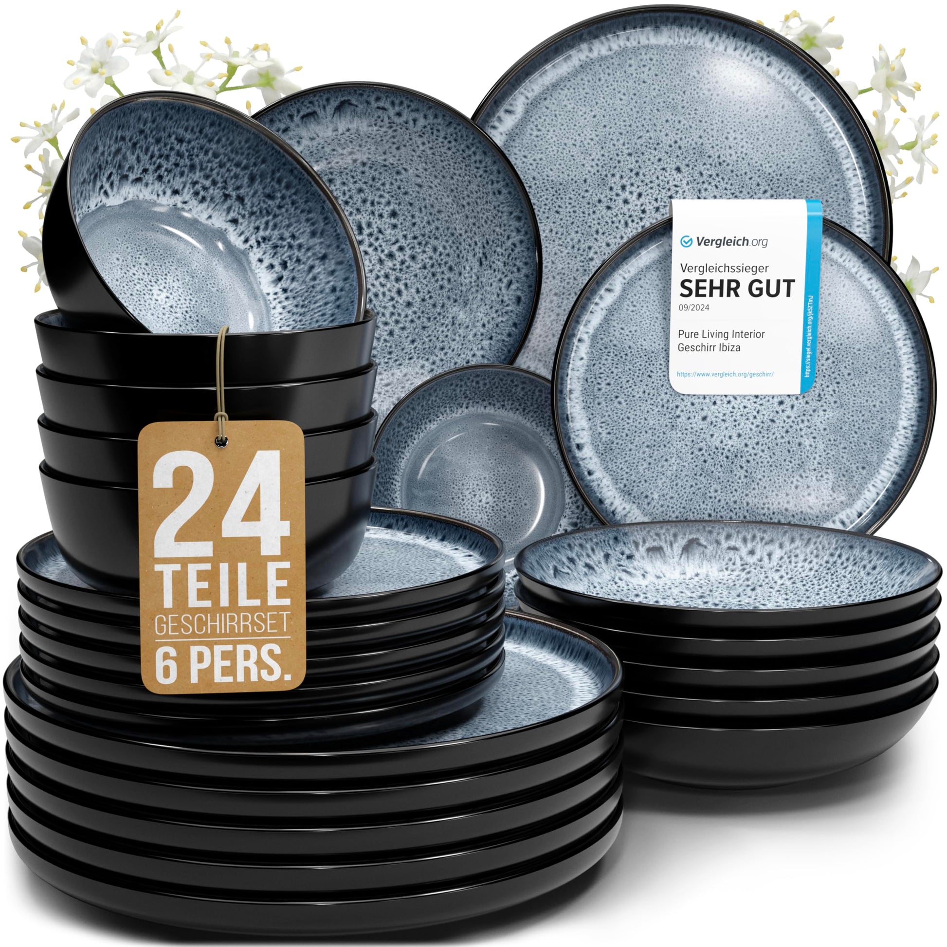 Pure Living Ibiza Steingut Geschirrset 6 Pers. - Rauchblau 24 tlg., rund zum Servieren von Speisen.