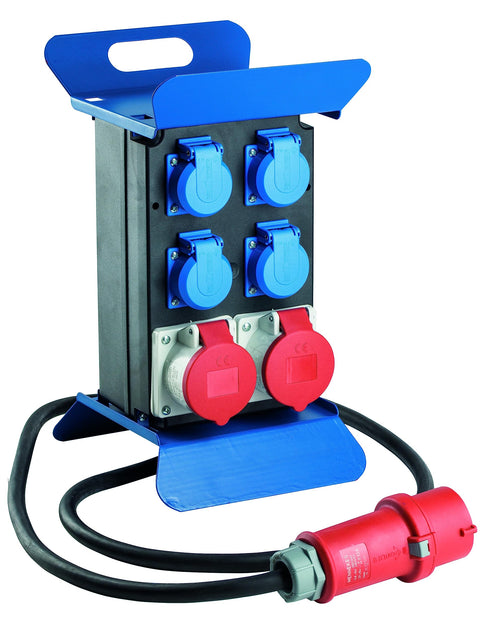 as - Schwabe STECKY 1 CEE Verteiler - 400V/16A IP44. Roter, robuster Block. Verteilt 400V Drehstrom an Geräte.