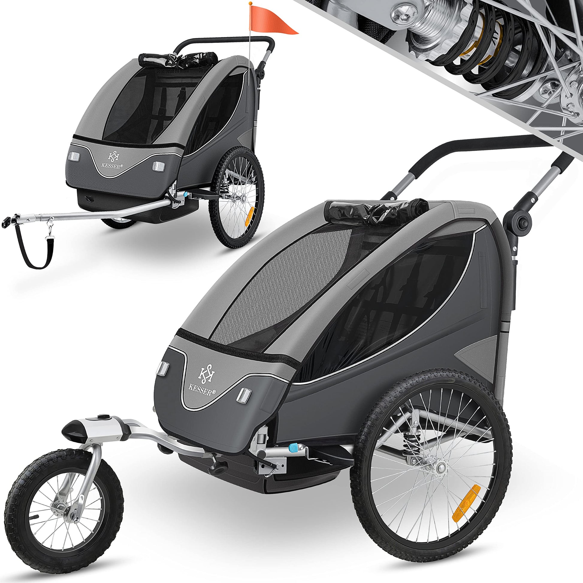 KESSER Kinder Fahrradanhänger 2in1 Jogger – 1-2 Kinder Hellgrau. Hellgrauer Fahrradanhänger und Jogger für 1-2 Kinder zum Transport beim Radfahren oder Joggen.