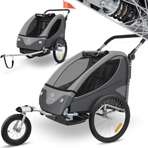 KESSER Kinder Fahrradanhänger 2in1 Jogger – 1-2 Kinder Hellgrau. Hellgrauer Fahrradanhänger und Jogger für 1-2 Kinder zum Transport beim Radfahren oder Joggen.