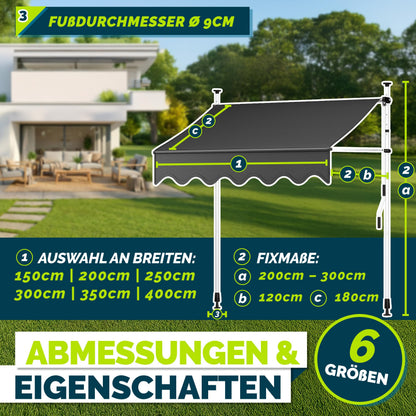 tillvex Klemmmarkise mit Handkurbel, Balkonmarkise 250 cm, Grau
