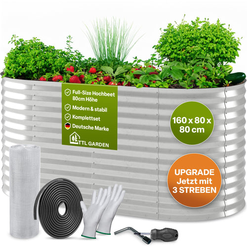 TTL GARDEN Spirit M Metall-Hochbeet 160x80x80 cm silber oval aus verzinktem Wellblech