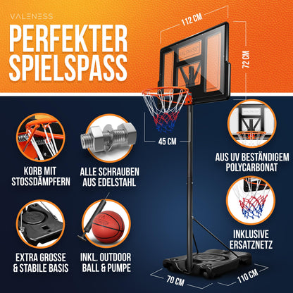 VALENESS® Basketballkorb Outdoor - Höhenverstellbar 135-305cm