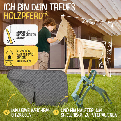 FRIEDO Holzpferd Gartenpferd - Höhenverstellbar mit Sattel & Geschirr