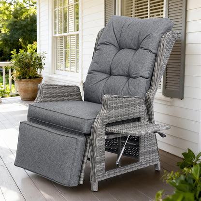 COMLAX FIELD Relaxsessel aus Rattan mit Liegefunktion, Dunkelgrau, mit dicken Kissen und klappbarem Beistelltisch