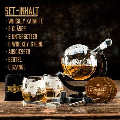 Whisiskey Whisky Karaffe Set Globus Dekanter 900 ml mit 2 Gläsern