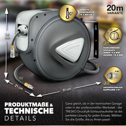 TRESKO Druckluftschlauch Aufroller automatisch 20m 1/4" Grau
