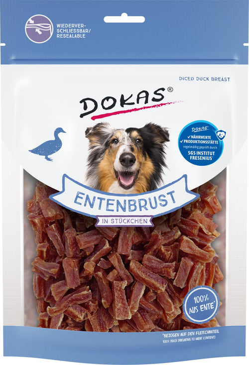 DOKAS Entenbrust in Stückchen glutenfreier Hundesnack, 9 x 200 g – luftgetrocknete Häppchen, wiederverschliessbare Packung