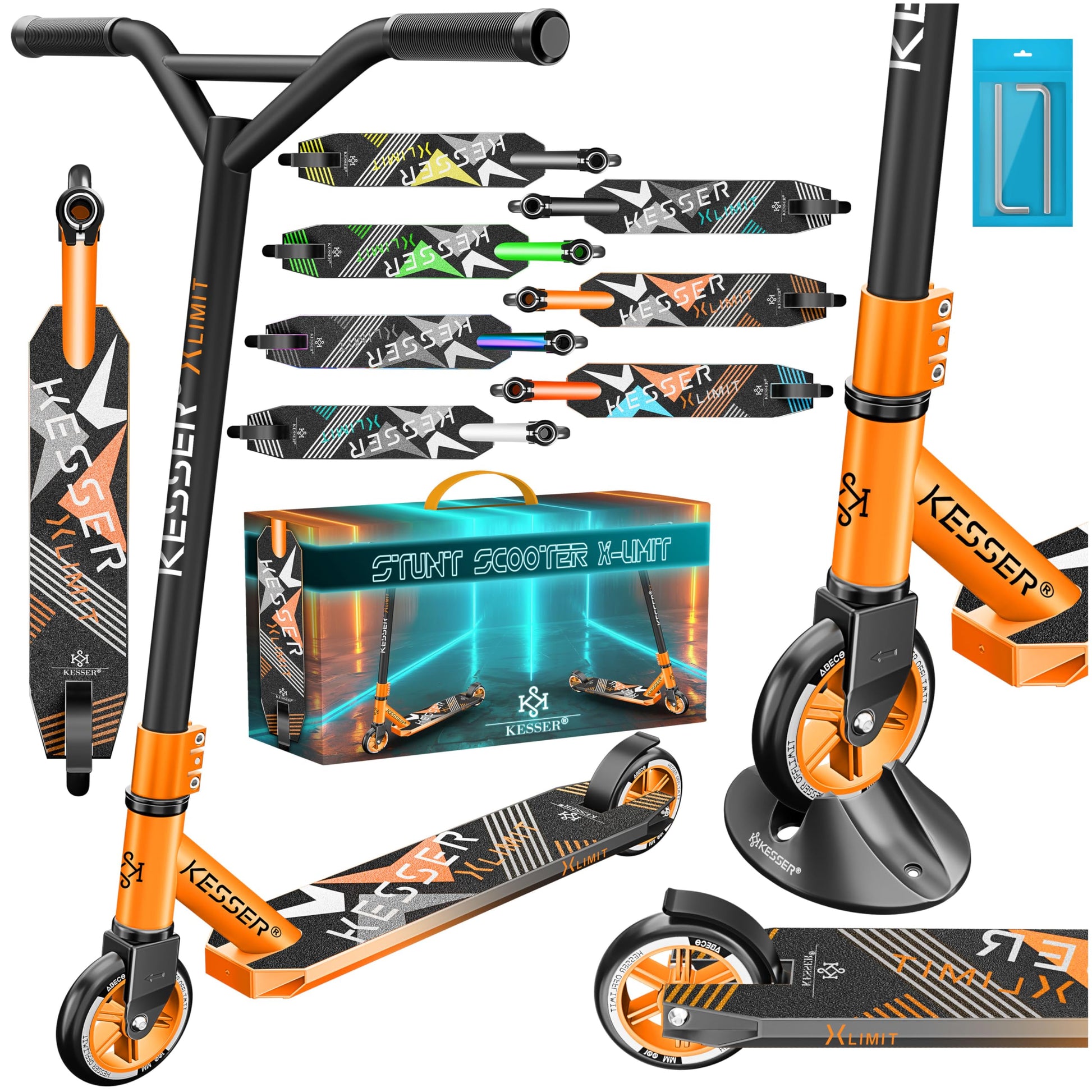 KESSER Stunt Scooter X-Limit – Robuster Trickscooter Orange. Oranger Stunt-Scooter mit Aluminium-Deck. Ideal für Tricks im Skatepark.