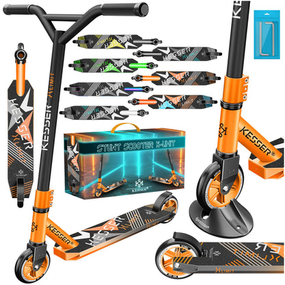 KESSER Stunt Scooter X-Limit – Robuster Trickscooter Orange. Oranger Stunt-Scooter mit Aluminium-Deck. Ideal für Tricks im Skatepark.